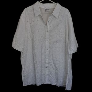 Vintage‎ Maggie Sweet Womens Floral Button Up Top Size 3X White Swiss Dot Career
